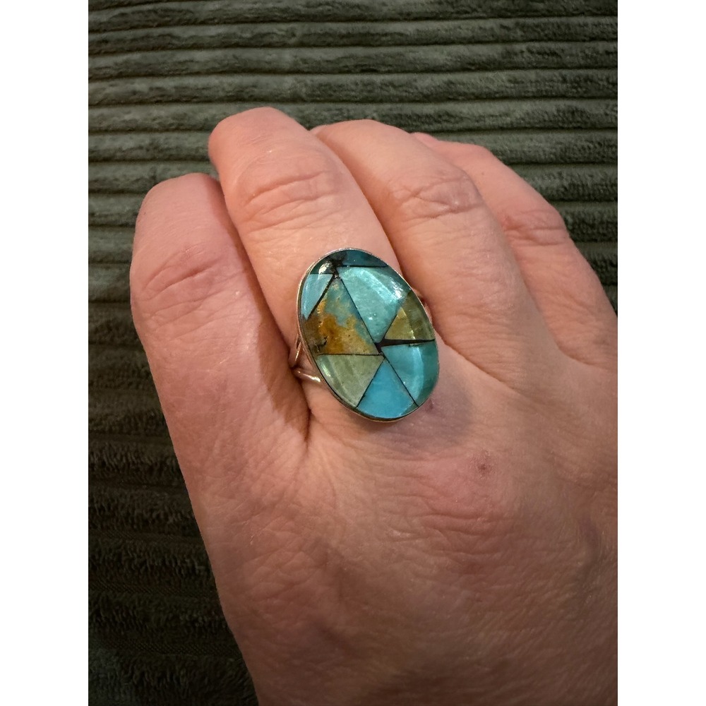 Oval Inlay Turquoise Gemstone Sterling Silver Ring‎ Statement Boho